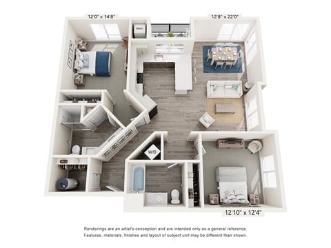 Floor plan for 2 beds, 2 baths, 1229 sqft